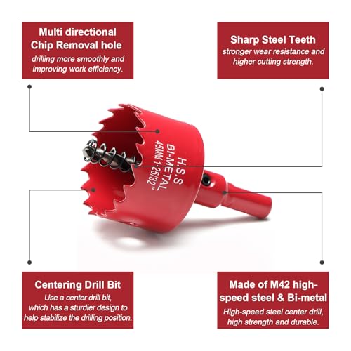 Image of 1-3 /4 Inch Hole Saw for Wood, 45mm HSS BI-Metal Hole Saw for Recessed Lighting, 30mm Cutting Depth Hole Cutter with Hex Shank Drill Bit Adapter for Cornhole Boards Plastic Drywall Fiberboard, Red