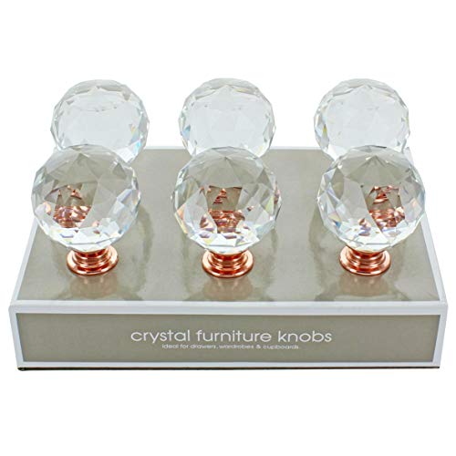 Confezione da 6 pomelli rotondi di grandi dimensioni (40 mm), in cristallo di vetro con finiture color oro rosa, facili da montare.