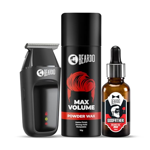 Image of Beardo Alpha Edge Combo for Men | Ape-X Go Trimmer (5500 RPM, 80 Min Run Time, Travel Friendly), Godfather Lite Beard Oil (30ml), Max Volume Powder Wax (10g) | Complete Beard & Hair Grooming Kit | Gift for Men