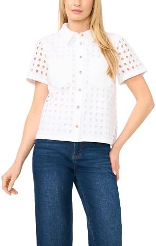 CeCe Women's Short Sleeve Eyelet Button Down Top