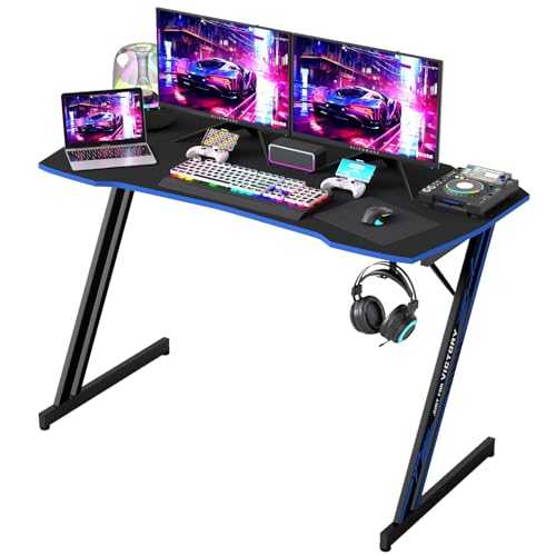 Image of BestOffice Gaming Desk Z Shaped 47 inch PC Computer Desk Computer Workstation Ergonomic Gaming Table with Headphone Hook for Game Players, Black&Blue