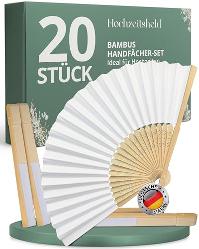 HOCHZEITSHELD Fächer Hochzeit 20 Stück - Elegante Bambus Fächer zur Erfrischung der Gäste - Handfächer Hochzeit als Hochzeitsdeko & Standesamt Deko Klappfächer Hochzeit als Deko Hochzeit Gastgeschenk