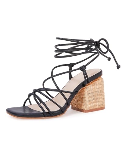 Image of PiePieBuy Women's Lace Up Chunky Braided Heel Sandals Square Toe Strappy Ankle Strap Heels
