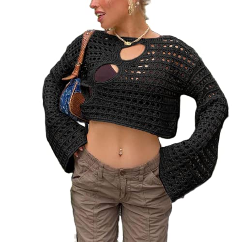 Image of Women's Crochet Knit Crop Top Pullover Sweater Long Sleeve Hollow Out Square Neck Y2k Shirt Summer Streetwear