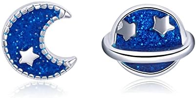 BISAER Moon Star Enamel Stud Earrings 925 Sterling Silver, Cute Small Planet Earrings Hypoallergenic Stud Earrings for Women And Girls,Thanksgiving Day Christmas Day Gifts.