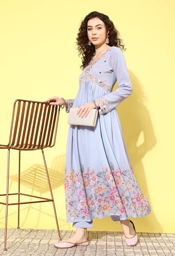 Image of LYMI LABEL Kurta Set For Women - Lavender Zari Sequence Embroidered Anarkali Alia Cut With Floral Print Kurta Pant Set