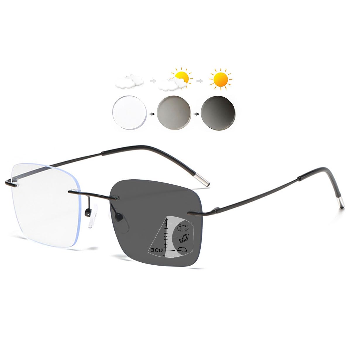 KOOSUFA Gafas de lectura sin bordes, fotocromáticas, con protección UV, multifoco, filtro de luz azul, fotocromático, para hombre y mujer, sin marco, con protección UV, gafas de lectura solar 1.0-4.0