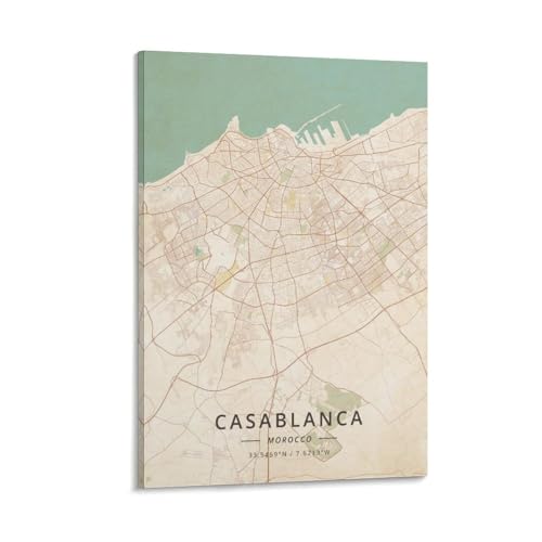 LZTEN Casablanca - Póster de mapa de Marruecos con impresión vintage, lienzo para pared, dormitorio, oficina, habitación, marco de regalo, 40 x 60 cm