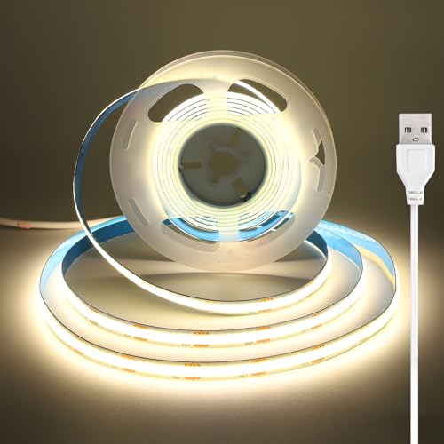 luktix USB Ruban LED COB 2.5m, 4000K, 5V Ruban LED Blanc Neutre avec adhésif, largeur 8 mm, IRC 92+ pour téléviseur, miroir, sous meuble, étagère, Cuisine