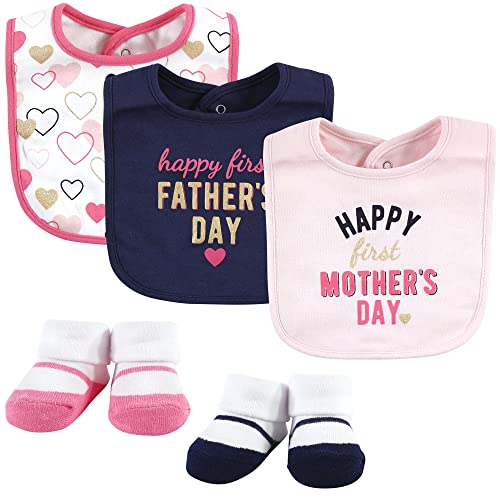 Image of Hudson Baby Unisex Baby Cotton Bib and Sock Set, Girl Mothers Fathers Day, One Size
