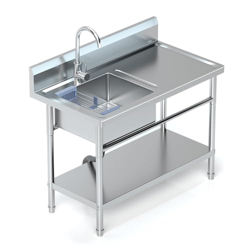 Utility Sink Freestanding Single Bowl Laundry Sink with Hot and Cold Water Plumbing Workbench & Storage Stainless Steel Sink for Kitchen and Bathroom Farmhouse Style, 39Inch, Metallic Gray