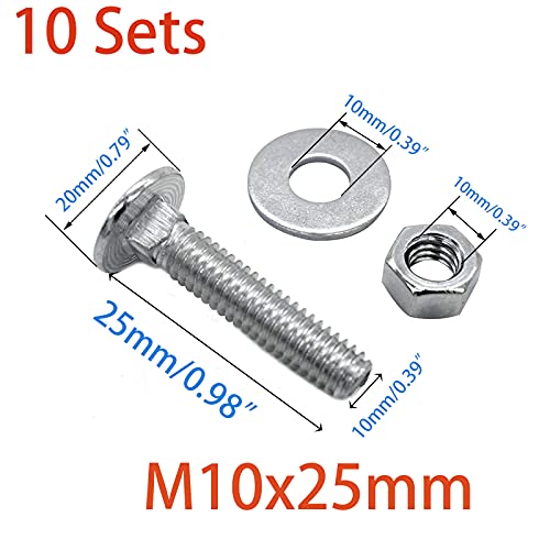 Image of 10 Sets Long Square-Neck Carriage Bolts Set,Carriage Bolts Set w /Nuts & Flat Washers,Zinc-Plated,Carbon Steel Grade 4.8,Plain Finish,Fully Threaded(M10-1.5X25mm)