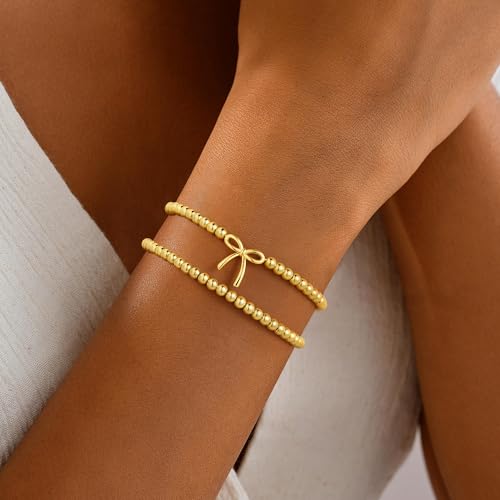 M MOOHAM Gold Beaded Bracelet for Women, 14K Gold Plated Bracelet Stack - image 2