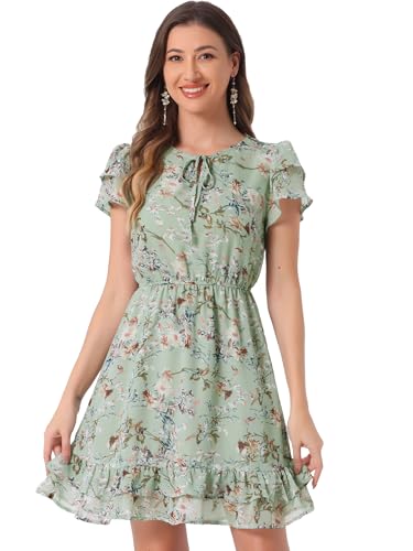 Image of Allegra K Women's Ruffle Sleeve Self-Tie V Neck Flowy Ruffled A-Line Floral Chiffon Dress