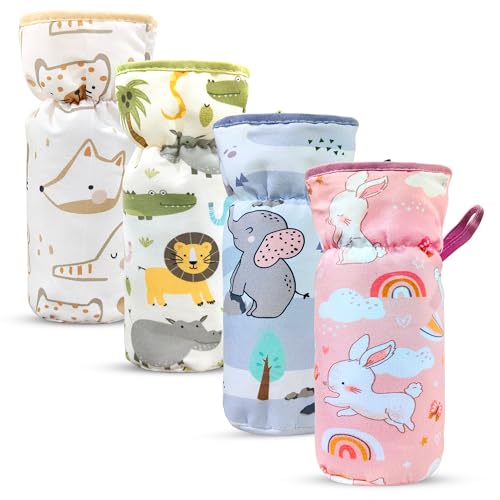 Image of GLUN Printed Baby Feeding Bottle Pouch with Lanyard Pack of 4, Cushioned Cotton Pouch, Keep Warm Baby Drinks, Glass, Plastic Bottle Insulator Bottle Protector Cover