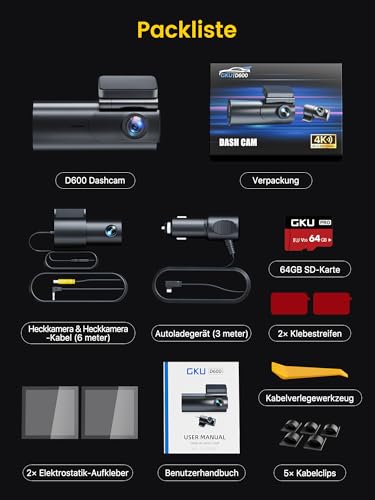 GKU Dashcam Auto Vorne Hinten 4K+1080P, 5GHz WiFi Dashcam mit 64GB SD Karte – Ansicht 9