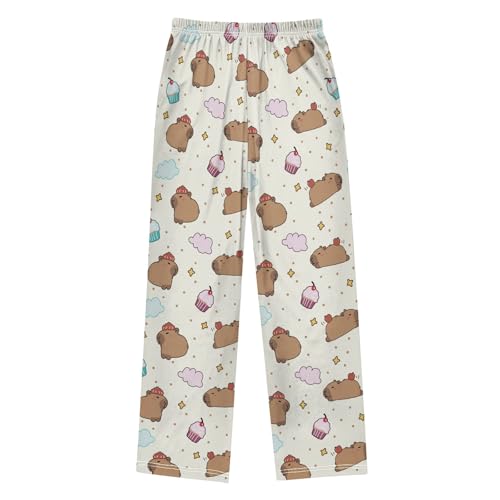 Adorable Capybara with Cupcake Cute Pajama Pants, Soft Sleepwear Lounge Pants Pajama Pj Bottoms for 6-14 Years2