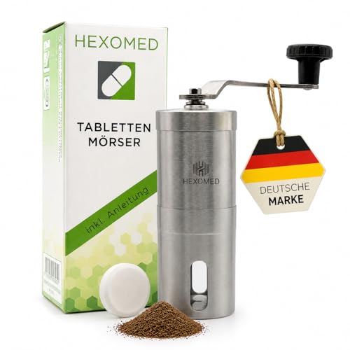 HEXOMED Edelstahl Tablettenmörser zum Drehen - für alle (kleine und große) Tabletten - Medikamenten Mörser zum Zerkleinern für Erwachsene, Kinder, Haustiere - Tablettenteiler & -spalter, Pillenteiler