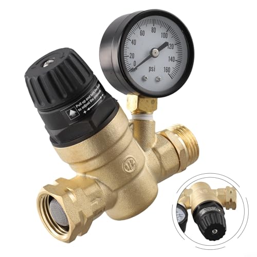 Válvula reductora de presión RV de 34 pulgadas con construcción de latón, medidor y filtros dobles ajustables para flujo de agua y presión compatible con roscas de manguera macho hembra de 3/4 NH