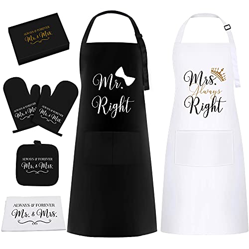 Mr. Right and Mrs. Always Right Aprons Gifts for Couple - Funny His and Her Wedding Gifts for Couple, Engagement Gifts for Couple, Bridal Shower Gift for Bride with Dish Towel, Oven Mitts & Pot Holder