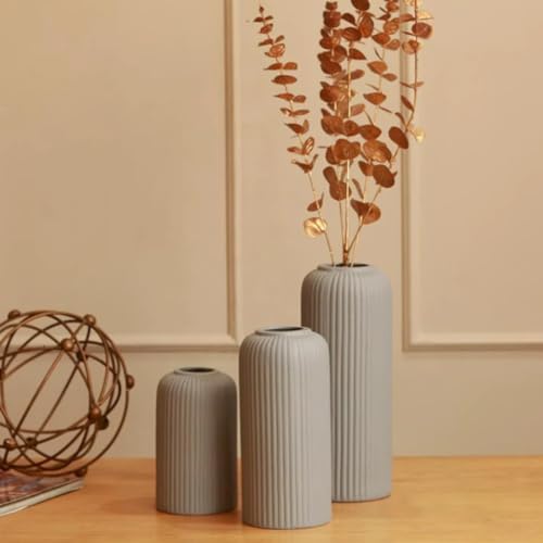 Image of KREATIVE ART'S Grey Flower Vase for Living Room | Ceramic Vase for Home Decor | Home Decoration Items for Living Room & Hall | Grey Ceramic Vase Set of 3 - Modern Home Decor Items