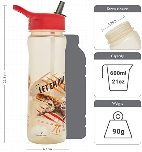 Jurassic World Dominion Flip Up Straw Water Bottle 600ml  Official Merchandise by Polar Gear  Kids Reusable Non Spill - BPA Free - Recyclable Plastic - Ideal For School Nursery Sports Picnic  Red