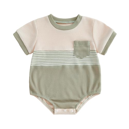 VISGOGO Baby Boy Striped Romper Waffle Short Sleeve Bubble Oversized Romper Bodysuit Summer Jumpsuit Clothes (Contrast Green, 12-18 Months)
