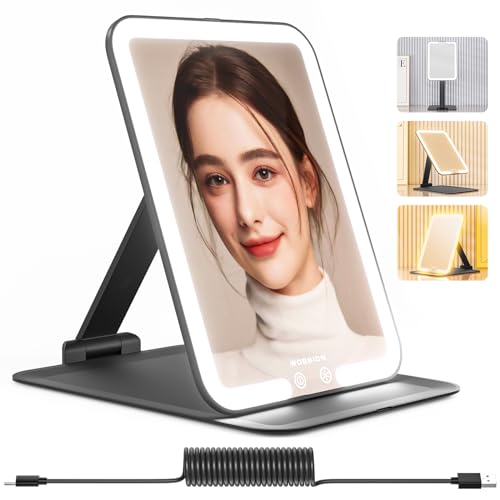 WOBSION Miroir de maquillage de voyage rechargeable pour sac à main, miroirs lumineux avec 3 modes de couleur pour bureau, miroir pliable avec support réglable, cadeaux pour filles, noir