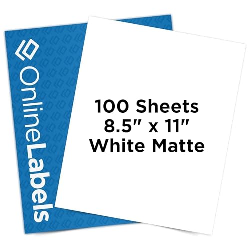 OnlineLabels 8.5' x 11' Full Sheet Sticker Paper – Permanent Adhesive, White Matte – Works with Cricut & Silhouette – for Inkjet & Laser Printers – Pack of 100 Sheets OL177WX
