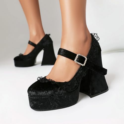 LUXMAX Women's Goth Lolita Shoes Platform Mary Janes Chunky Heel Pumps Lace Flower Gothic Heels Cosplay Shoes3