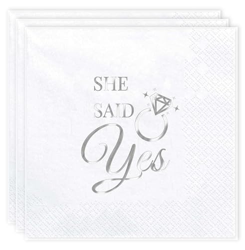 100 Pack SHE SAID YES Silver Foil Proposal Napkins - Romantic Disposable Cocktail Napkins for Engagement Party Wedding Reception Bridal Shower & Anniversary Celebration. (Silver Foil-100)