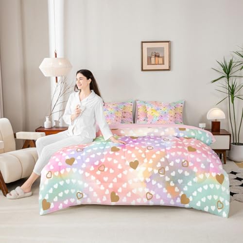 Image of Erosebridal Rainbow Hearts 7 Piece Bed in A Bag Twin Comforter Set Gold Heart Bedding Set for Girls Kids Valentine Love Geometric Sheet Set with Comforter Love Heart Quilt Duvet