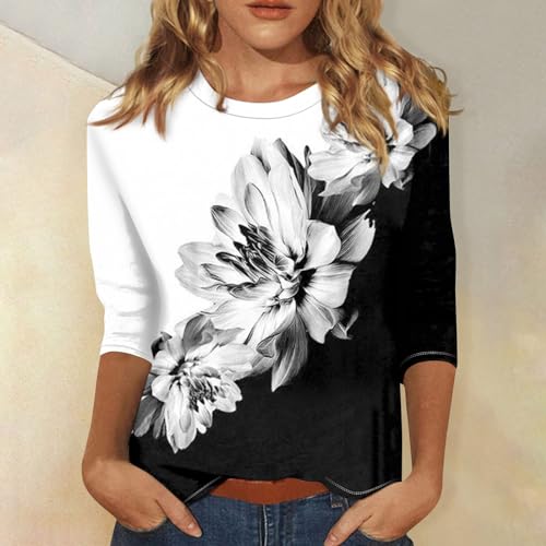 HTHLVMD Womens 3/4 Length Sleeve Tops 2025 Fall Fashion Floral Print Crewneck Causal Trendy Tunic Tops for Women