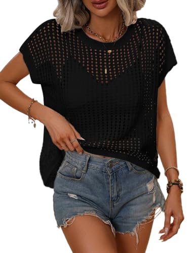 Image of Crochet Tops for Women Spring Summer Shirts Cute Mesh Top Cap Sleeve Cover Up Pullover Sweater Beach Vacation Clothes