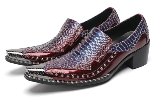 Men's Slip-On Loafers Leather Dress Shoes - Metal Pointed Toe, Studded Detail, Chunky Heel, Comfortable Snakeskin Western Casual Penny Loafers for Party,Ballroom,Bar Wear