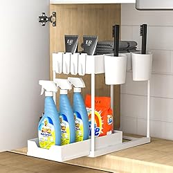 Bajo Fregadero Ikea Organizador Bajo Fregadero 2 Niveles, Altura 34cm Deslizante Organizador Debajo Fregadero Cocina, Under Sink Organizer con 4 Ganchos y 2 Cesta Colgante, Estanteria Cajon Extraíble para Cocina Baño