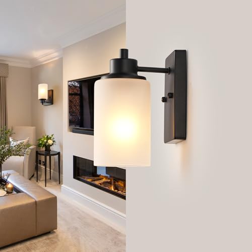 Image of 2-Pack Bath Vanity Light Fixture 1-Light, Indoor Farmhouse Bathroom Wall Sconces Lights for Living Room, Porch, Bedside, Black Finish with White Frosted Glass Shades Wall Mounted Lights