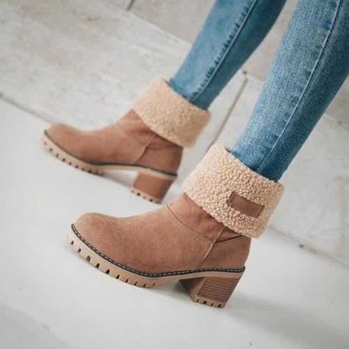 Sheremart Seniors' Chunky Heel Winter Boots, Winter Platform Furry Boots for Women, Warm Plush Lined Slip on Boots, Mid Calf Chunky Heel Suede Round Toe Snow Boots4