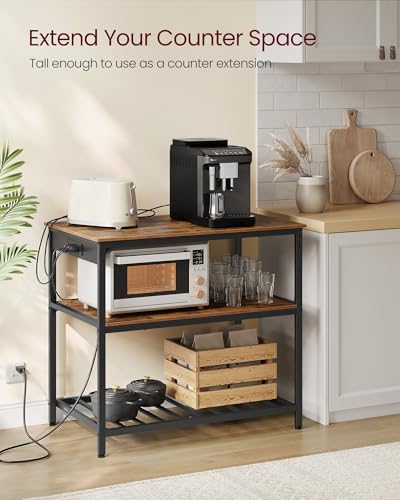 Image of VASAGLE Kitchen Island with 3 Shelves, 39.4 Inches Width Kitchen Shelf with Power Strip, Large Worktop, Stable Steel Structure, Industrial, Easy to Assemble, Rustic Brown and Black UKKI105K01