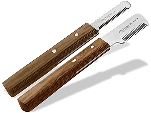 Trimmmesser Set für Hunde und Katzen mit Feiner Mittlerer und Grober Zahnung 2-Teilig Fellpflege Kamm für Hundefell Unterwolle Fellmesser Hundeschere Edelstahl Messer