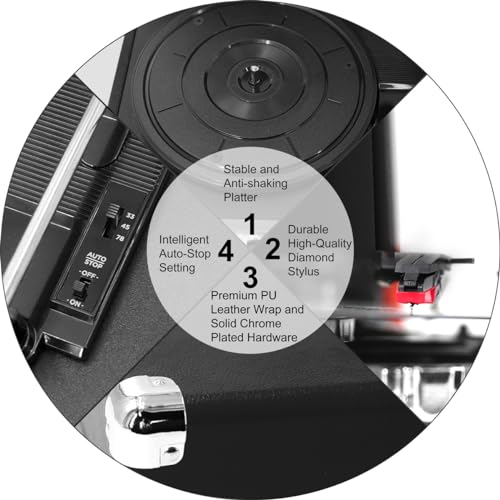 Image of Claw Stag Portable Vinyl Record Player Turntable with Built-in Stereo Speakers, Volume Control Knob, AUX Input and RCA Output, 78 RPM Speed, High Qualiy Diamond Stylus and Headphone Jack (Black)