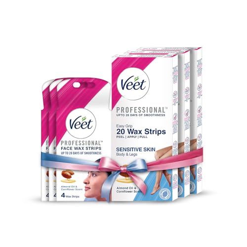 Image of Veet Full Body Waxing Strips Kit - Sensitive Skin, 20 Strips (Pack of 3) with Face Wax Strips, 4 strips (Pack of 3) | Painless, Quick & Gentle Hair Removal