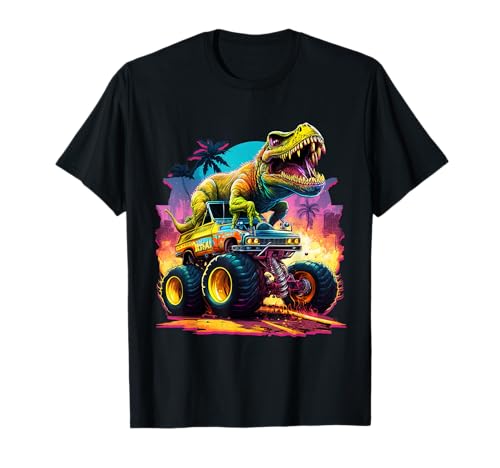 Retro Monster Truck Dinosaurio Vintage Sunset Cumpleaños para niño Camiseta