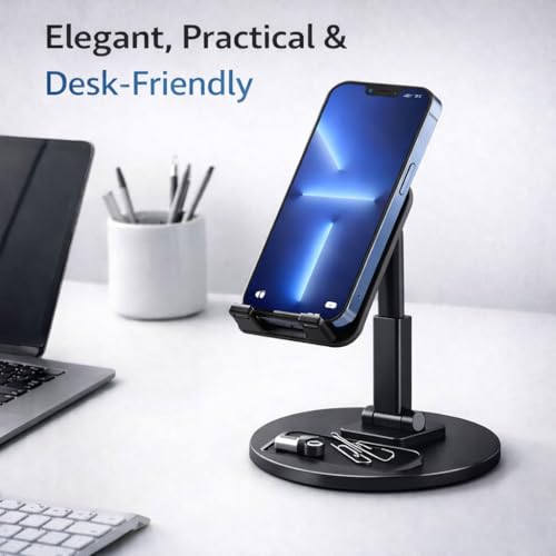 Image of Mizi Portable Cell Phone Stand for Desk - Height & Angle Adjustable Mobile Foldable Holder, Compatible with iPhone 17 16 15 14 13 12 11 Pro Max, Galaxy S25 S24, All 4-10 inch Devices - Black