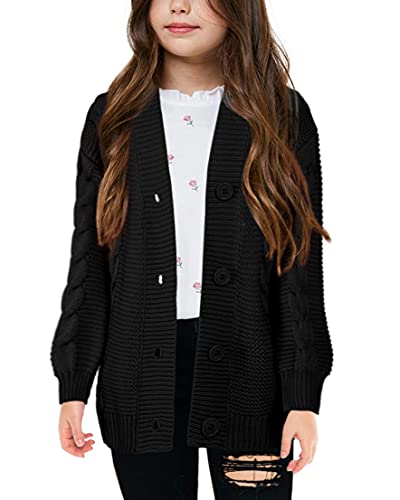 Image of Apbondy Girls Cable Knit Cardigans Button Down Long Sleeve Chunky Sweater Outerwear Black