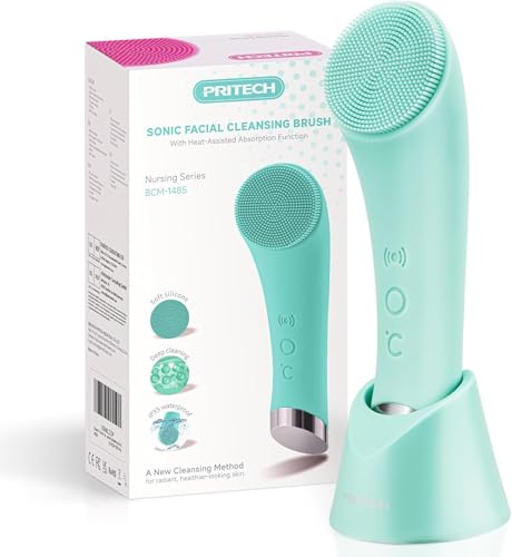 Silicone Face Scrubber Rechargeable Facial Cleansing Brush with Heat Massage End Vibrating Exfoliating Face Scrubber for Women and Men Exfoliating Massage Device for Deep Cleansing (Green)