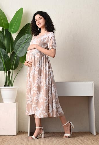 Image of Ichaa Women's Aqua Rayon Printed Maternity Dress with Feeding Zips and Pocket, in Plus Sizes