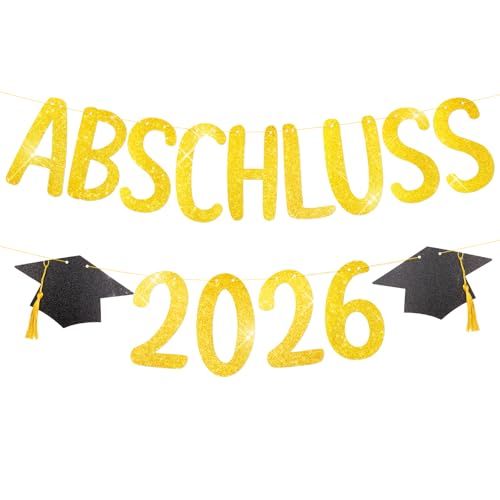 COMOOKA Abschluss 2026 Deko Gold Glitzer - Abschluss 2026 Girlande mit Absolventenhut Motiv - Abitur 2026 Geschenke - Graduation Deko für Prüfung Bestanden Abitur Bachelor & Master Abschluss