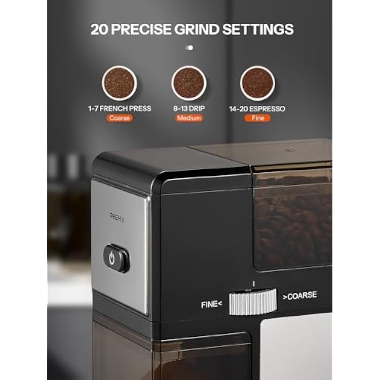 Electric Burr Coffee Grinder, Reemix Automatic Flat Burr Coffee for French Press, Drip Coffee and Espresso, Adjustable Burr Mill, Black+Silver