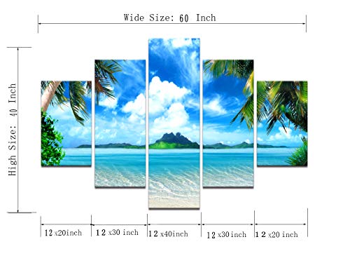 Seaside Modern Painting 5 Piece Canvas Multi Panel Palm Tree Wall Art,Navy Blue Sky Hd Prints Pictures Giclee Artwork For Living Room Home Decor Wooden Framed Stretched Ready To Hang(60''Wx40''H) #TOP6